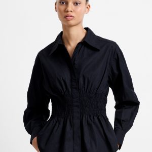 Cotton Smocked Button Down Shirt