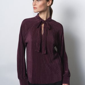 Plisse Long Sleeve Tie Neck Shirt