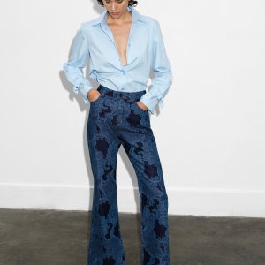 Denim Lace Print Flared Jeans